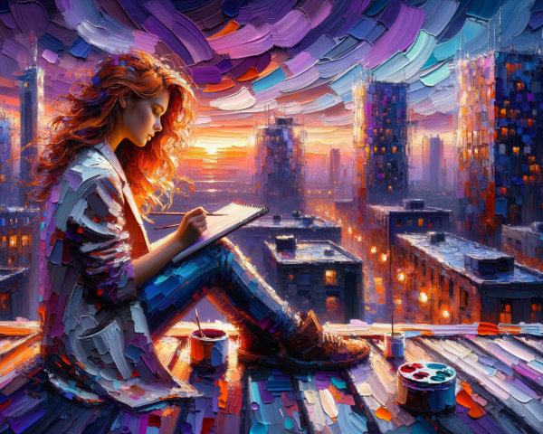 Young woman sketches on rooftop at sunset skyline