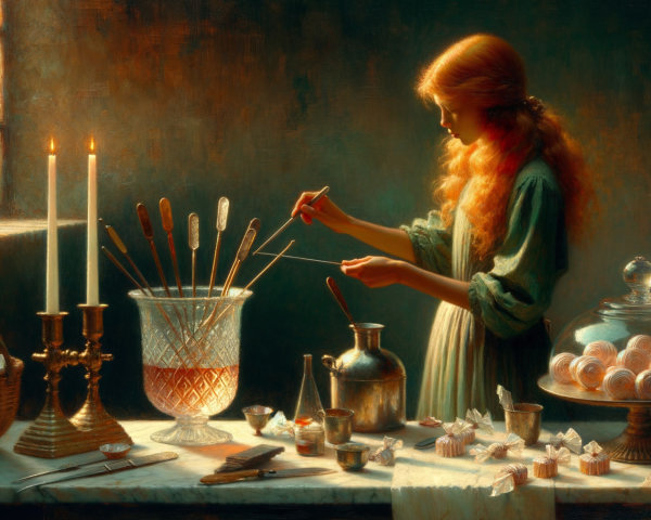 Young woman crafting confections in a candlelit room