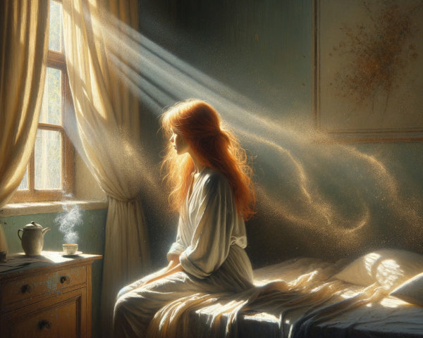 Young woman in serene, softly lit bedroom scene