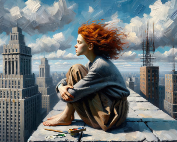 Young Woman on Building Edge with City Skyline View