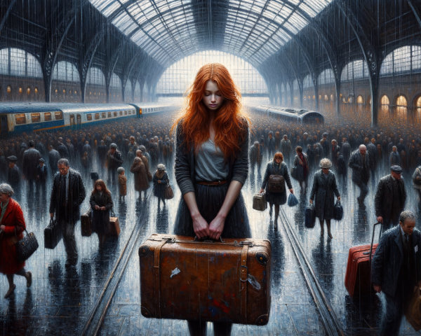 Young Woman with Red Hair in Busy Train Station