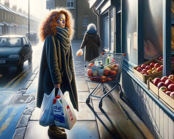 Young Woman with Curly Hair on Rainy Street