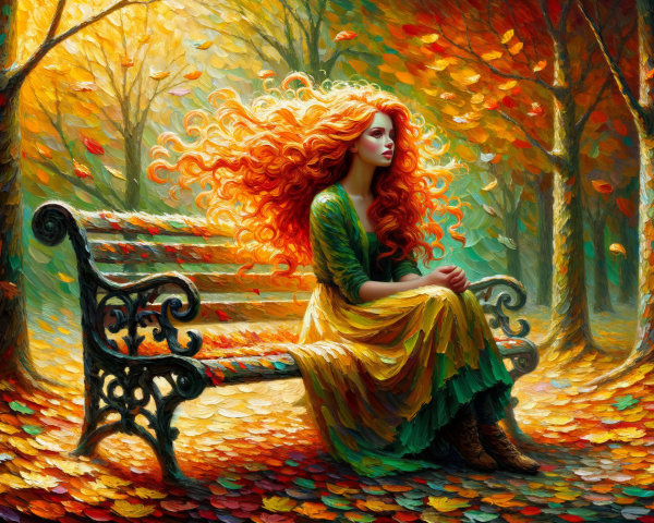 Woman with Red Hair in Autumn Landscape Setting