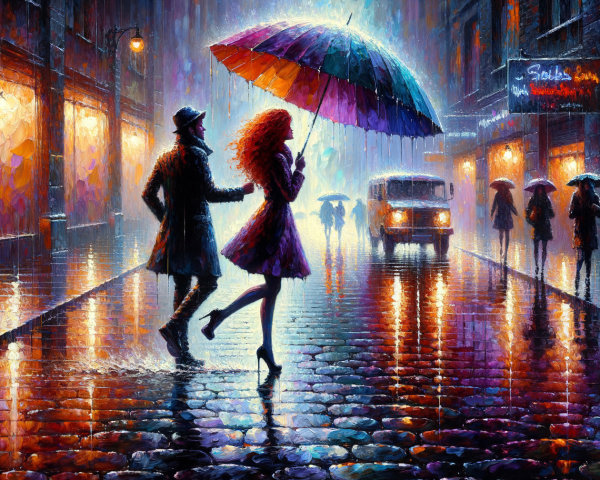 Couple with Umbrella in Vibrant Urban Rain Scene