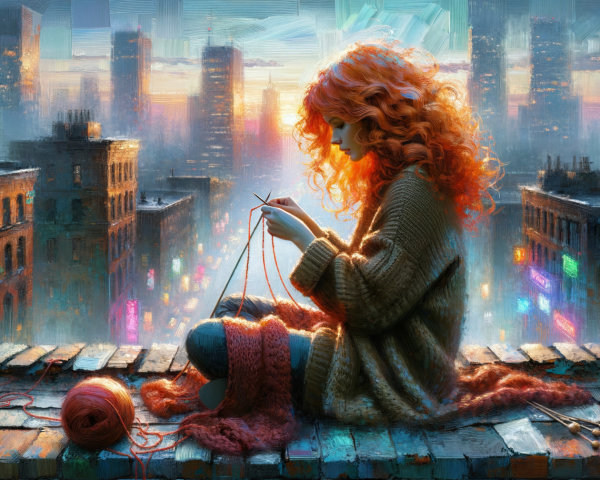 Young woman with orange hair knitting at sunset rooftop