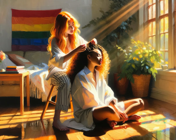 Intimate Moment Between Two Women in Sunlit Room