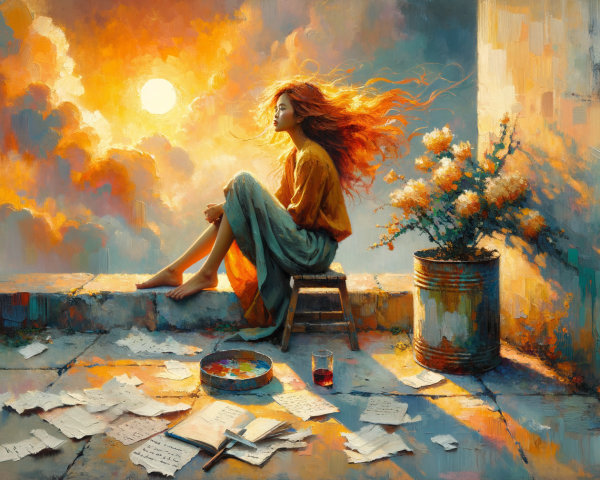 Young Woman Contemplating Sunset with Art Supplies