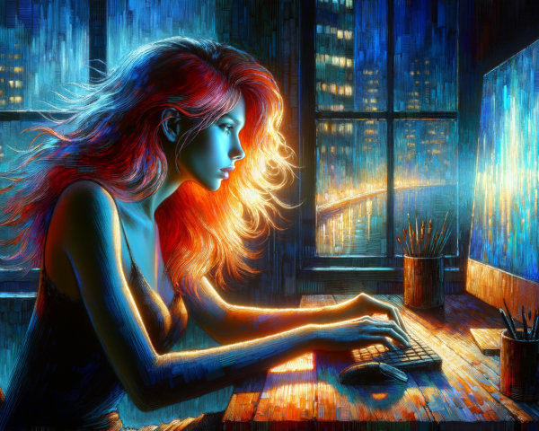 Woman with Red Hair Typing at a Computer Desk
