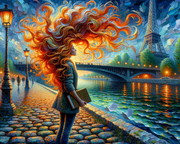 Surreal Scene of Woman by Seine River at Sunset