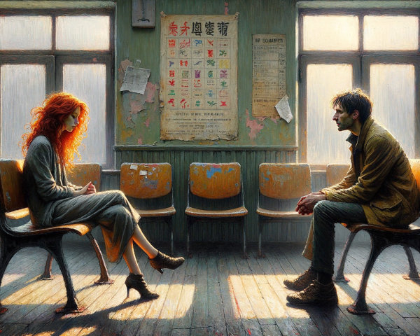Two People in a Waiting Room with Green Walls