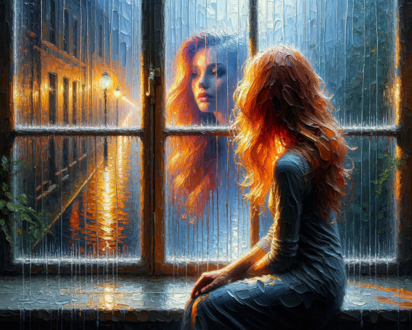 Woman with Red Hair by Rain-Spattered Window