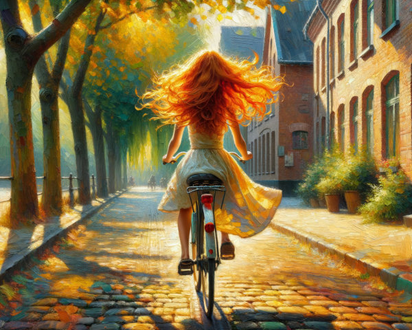 Young woman cycling on a cobblestone street in autumn