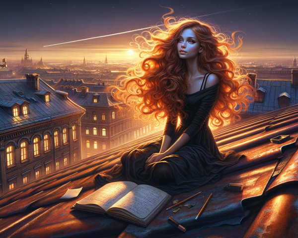 Young woman with fiery hair on rooftop at twilight