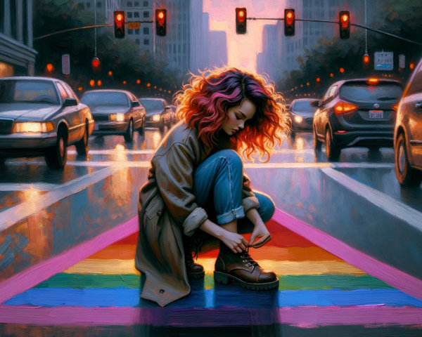 Young Woman Tying Boots on Wet City Street at Dusk