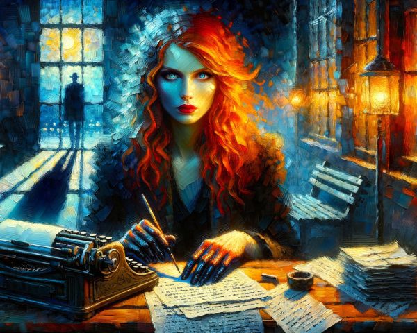 Woman Writing at Antique Typewriter in Dim Room