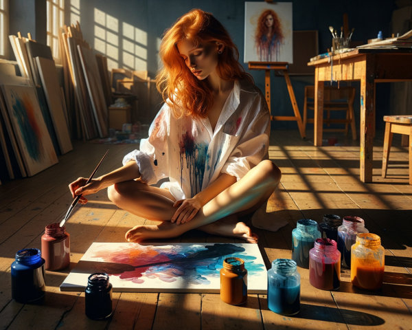 Young woman painting in a sunlit art studio