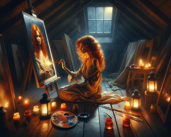 Woman with Red Hair Painting in Dimly Lit Attic