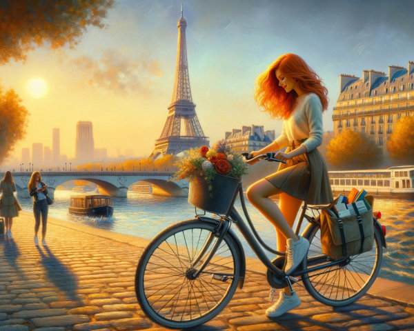 Serene Paris Sunset with Eiffel Tower and Bicyclist