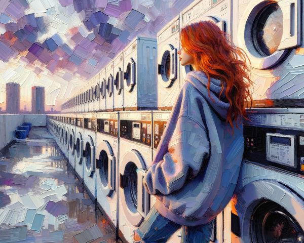 Impressionistic Painting of Woman on Rooftop at Sunset