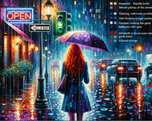 Vibrant City Scene on a Rainy Night with Umbrella