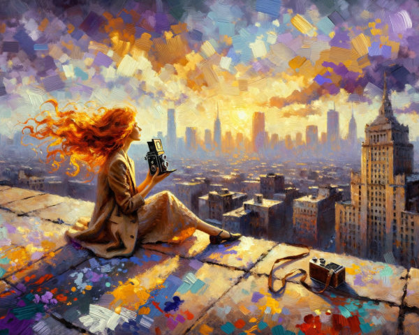 Young Woman with Red Hair at Sunset Over City Skyline