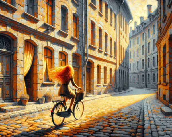 Charming Cobblestone Street with Girl on Bicycle