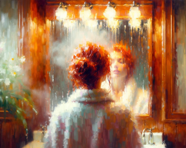 Woman with Red Hair in Steamed Bathroom Setting