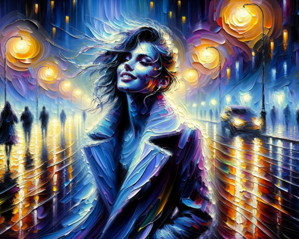 Impressionistic Scene of Woman in Rainy City Street