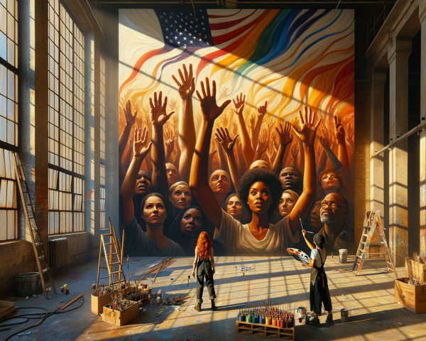 Vibrant Mural of Unity and Hope in Art Studio