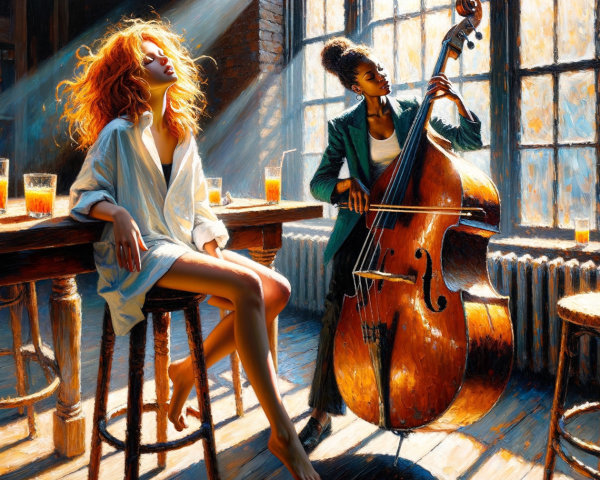 Rustic Bar Scene with Musicians and Amber Beverages