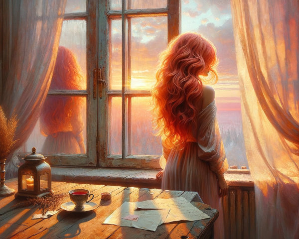 Serene woman by sunlit window with rustic decor