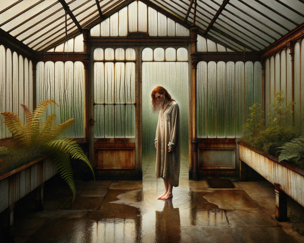 Young woman in a dimly lit greenhouse with greenery