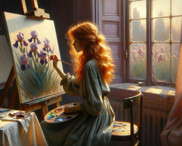Young woman painting irises in sunlit room