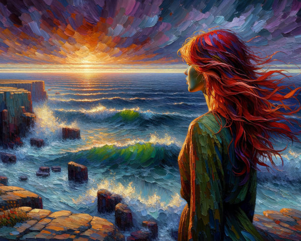 Vibrant Seascape at Sunset with Woman and Waves