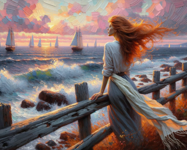 Serene Coastal Sunset with Woman and Sailboats