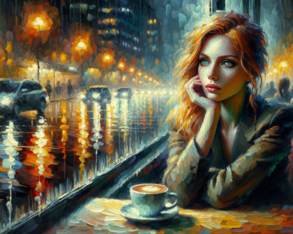 Contemplative Woman at Café Window in Rainy City