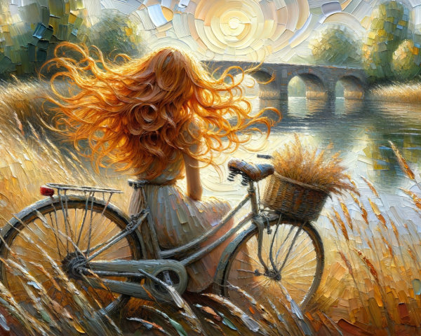 Serene riverside scene with woman on bicycle