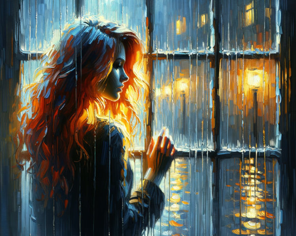 Woman with curly hair by window in rainy night scene