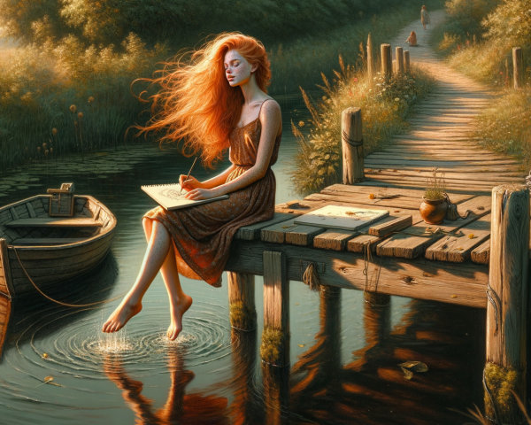 Young Woman Writing on Dock by Calm River