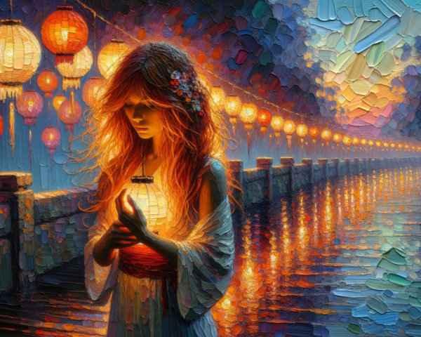 Twilight Scene with Woman and Lantern by Waterway