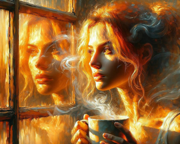 Woman in warm hues gazing out a foggy window