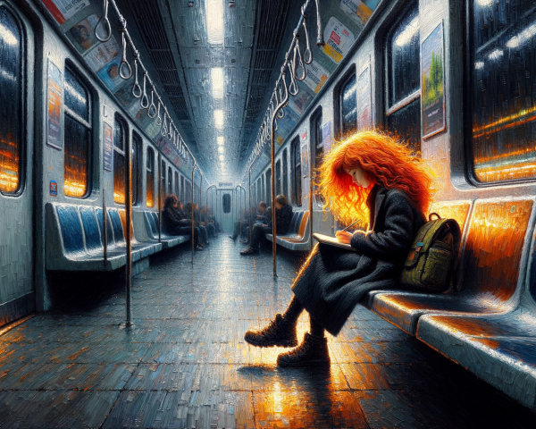 Young Girl with Red Curls Writing in Subway Car
