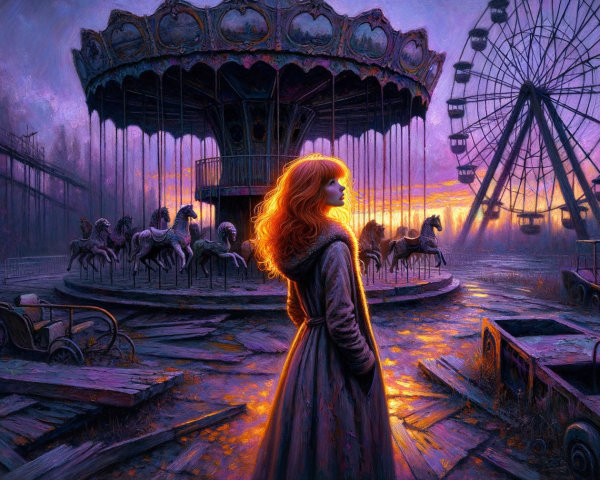 Twilight Scene of a Woman at an Abandoned Amusement Park