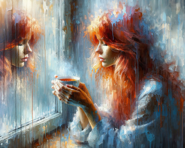 Woman with Red Hair Contemplating by Rainy Window