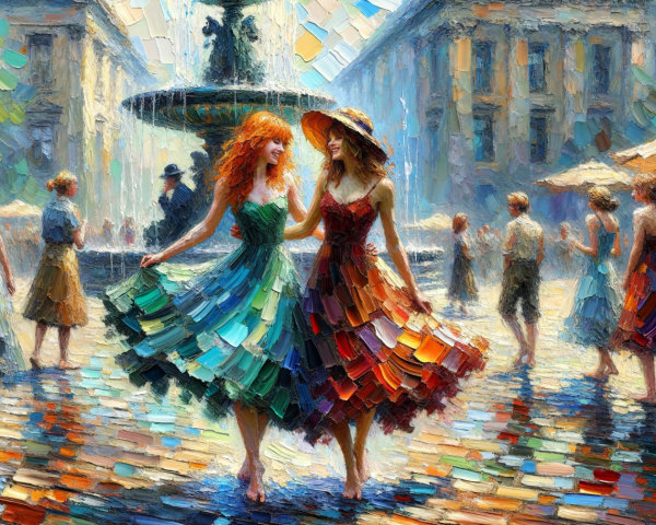 Impressionistic Scene of Women by a Fountain in Park