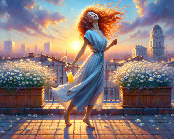 Joyful woman in blue dress twirls on sunset balcony