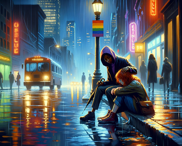 Nighttime Cityscape with Figures and Neon Reflections