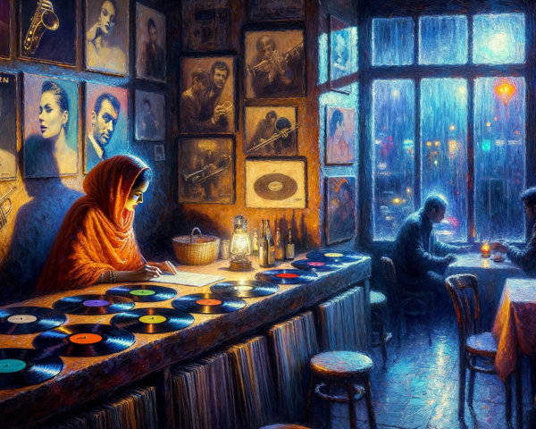 Cozy Jazz Bar with Music Sheets and Vinyl Records