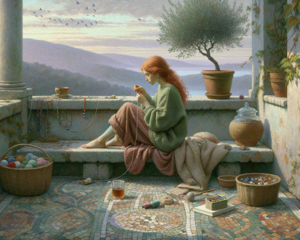 Woman Crafting with Yarn in Serene Natural Setting