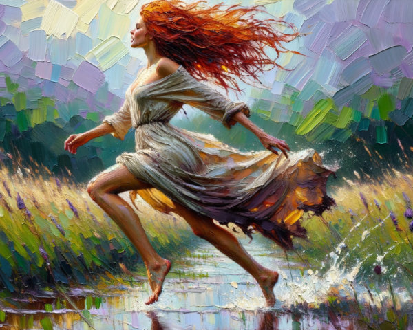 Woman in white dress running through a vibrant stream